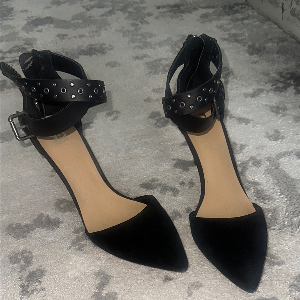 Joe’s Jeans black suede pointy closed toe ankle strap Betty heels